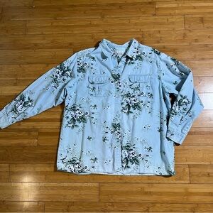 Vintage Basic Editions Light Wash Blue Floral Print Denim Button Down Shirt